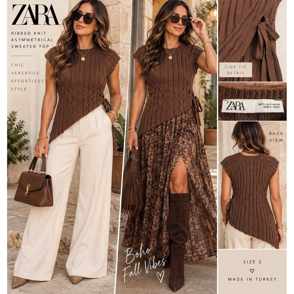 Zara Womens Brown Ribbed Asymmetrical Side Tie Short Sleeve Knit Top Small